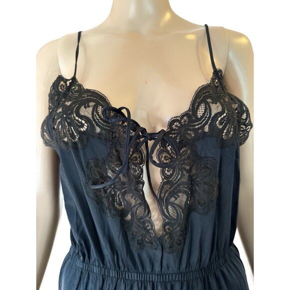 Vintage Black Nylon Nightgown Double Full Side Slit Long Lace V Neck S/M Sheer - Picture 2 of 6